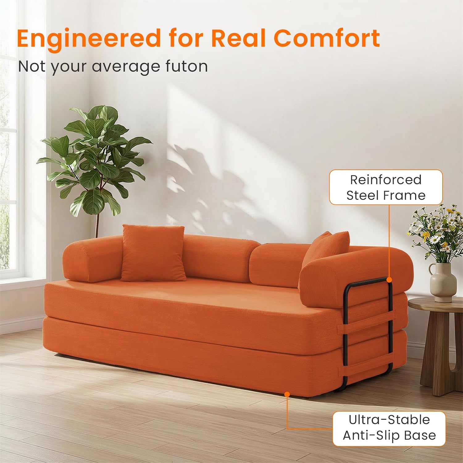 ijuicy 4-in-1 King Convertible Floor Sofa Bed w/ 2 Pillow,Modular Sleeper Sofa/Folding Futon Couch Bed w/Cylindrical Backrest and Fixed Frame,Lounge Couch,Corduroy Compression Sofas for Home-Orange