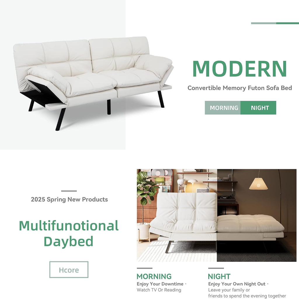 Opoiar 71' L Covertible Futon Sofa Bed,Faux Leather Futon Couch, Memory Foam Modern Loveseat Sleeper, Small Splitback Sofa Couches for Living Room,RV,Home Office,Apartment,White