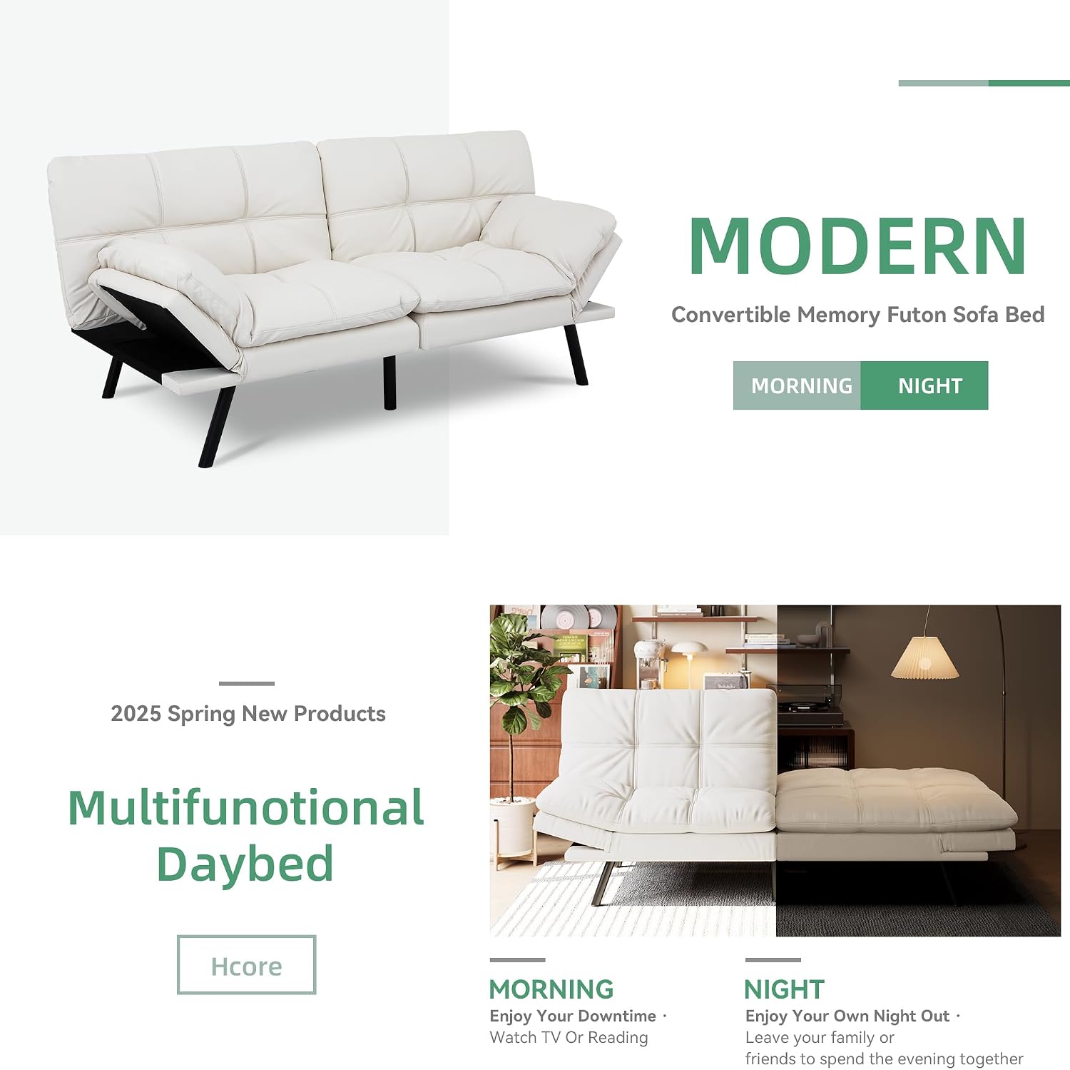 Opoiar 71' L Covertible Futon Sofa Bed,Faux Leather Futon Couch, Memory Foam Modern Loveseat Sleeper, Small Splitback Sofa Couches for Living Room,RV,Home Office,Apartment,White