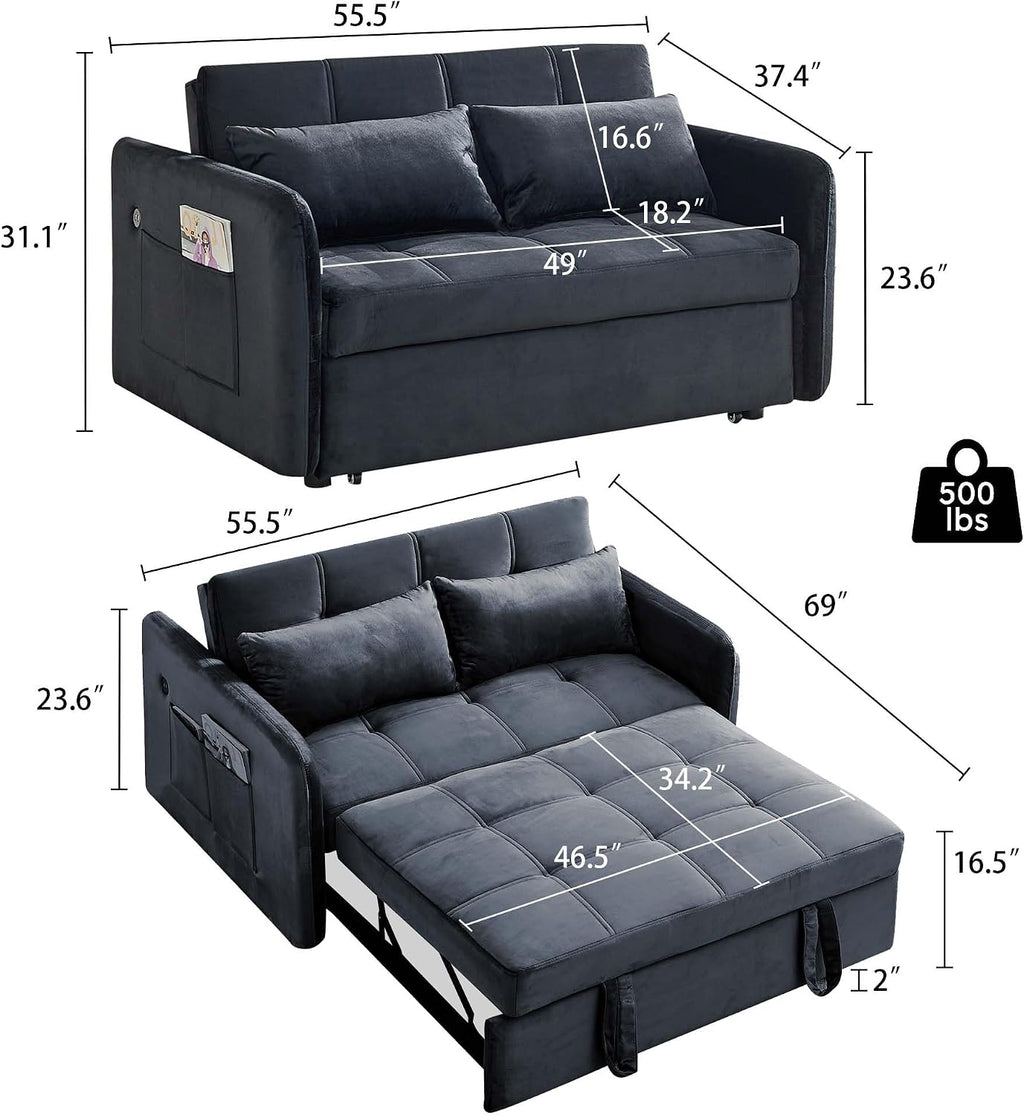 Loveseat Sleeper with USB Ports Velvet Pull Adjustable Backrest, Sofa Bed with Toss Pillows, Futon Couches for Living Room Apartment Office, Black