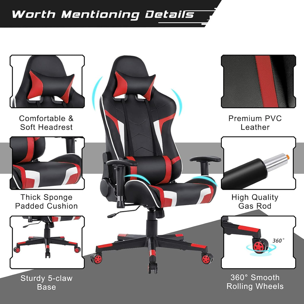 GORELAX Massage Gaming Chair, Reclining Game Room Computer Chairs for Adults w/Lumbar Support, Adjustable Arms, Wheels, Racing Style Home Office Chair for Heavy People (Red)