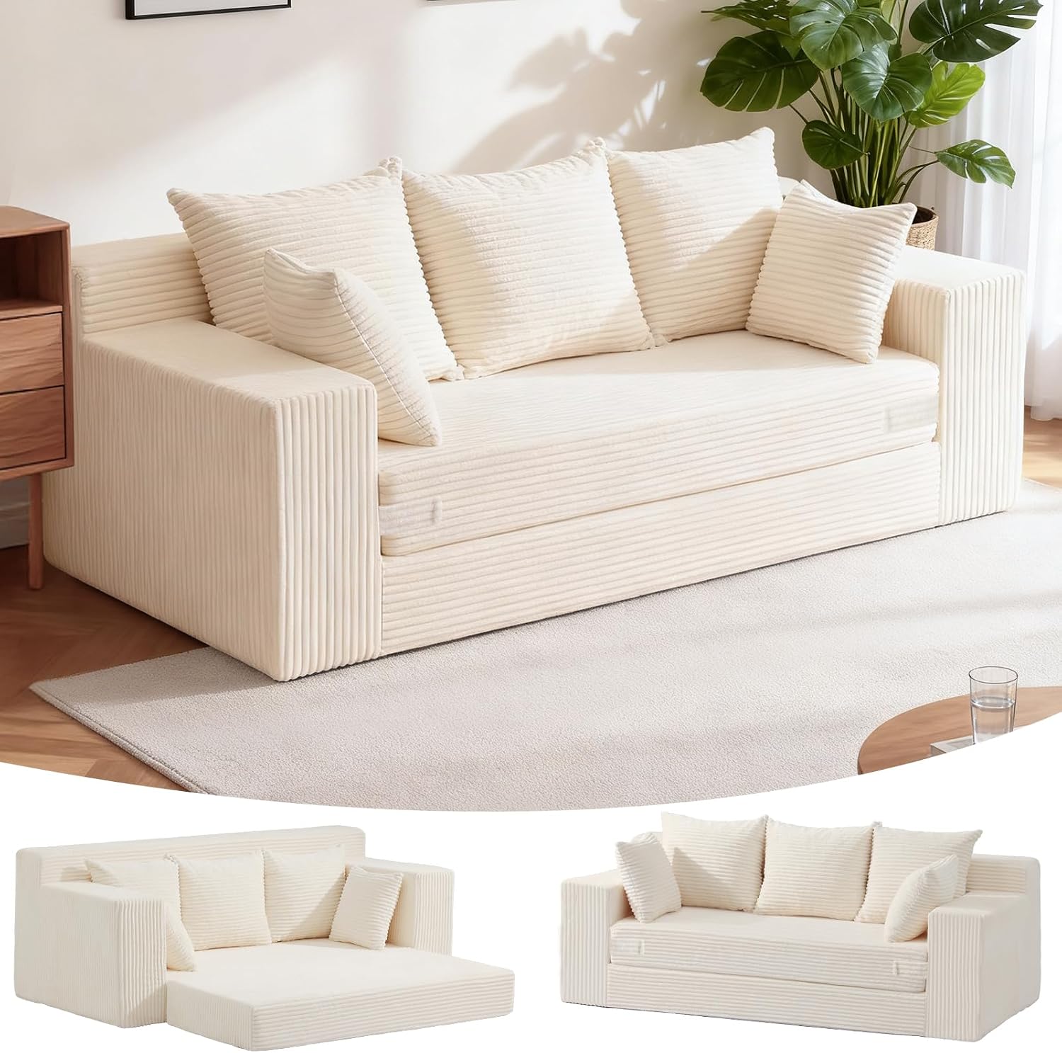 Boneless Couch 70 inch, 3 Seater Couch with Pull Out Bed, Boneless Loveseat Oversize Beige Futon Couch Floor Bed with 5 Pillows for Living Room Bedroom Lounge Small Space