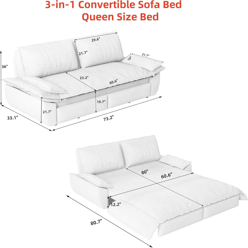 Cilee 73.2' Folding Sofa Bed, 3-in-1 Convertible Loveseat Sleeper Sofa, Pull Out Futon Sofa Bed, Comfy Floor Couch with Storage Pocket & 2 Pillows, Love Seats Furniture for Living Room, Velvet, Geige