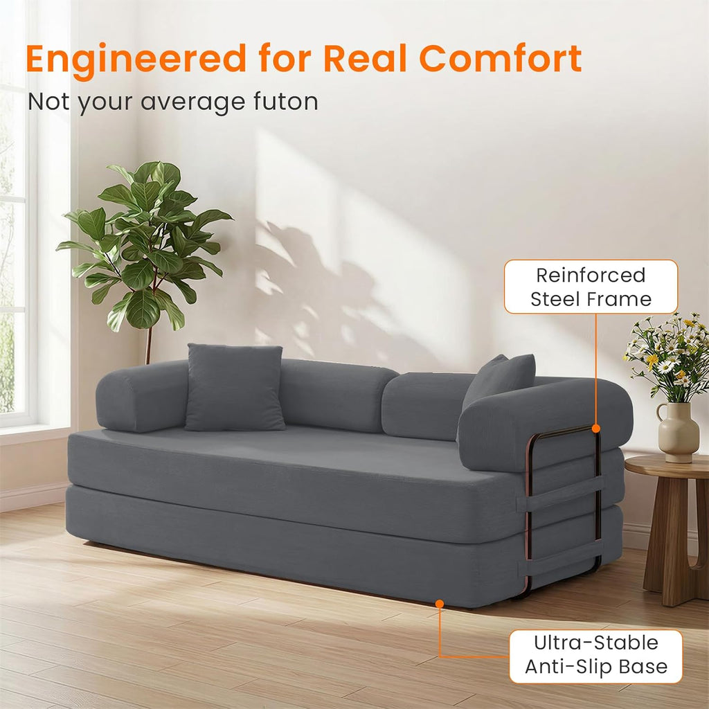 ijuicy 4-in-1 King Convertible Floor Sofa Bed w/ 2 Pillow,Modular Sleeper Sofa/Folding Futon Couch Bed w/Cylindrical Backrest and Fixed Frame,Lounge Couch,Corduroy Compression Sofas for Home-Dark Grey