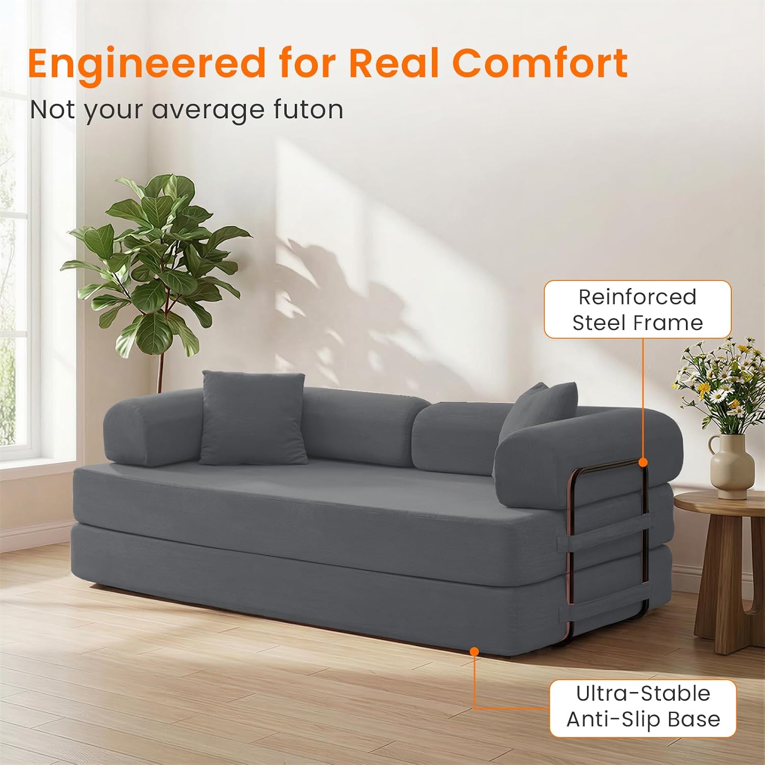ijuicy 4-in-1 King Convertible Floor Sofa Bed w/ 2 Pillow,Modular Sleeper Sofa/Folding Futon Couch Bed w/Cylindrical Backrest and Fixed Frame,Lounge Couch,Corduroy Compression Sofas for Home-Dark Grey