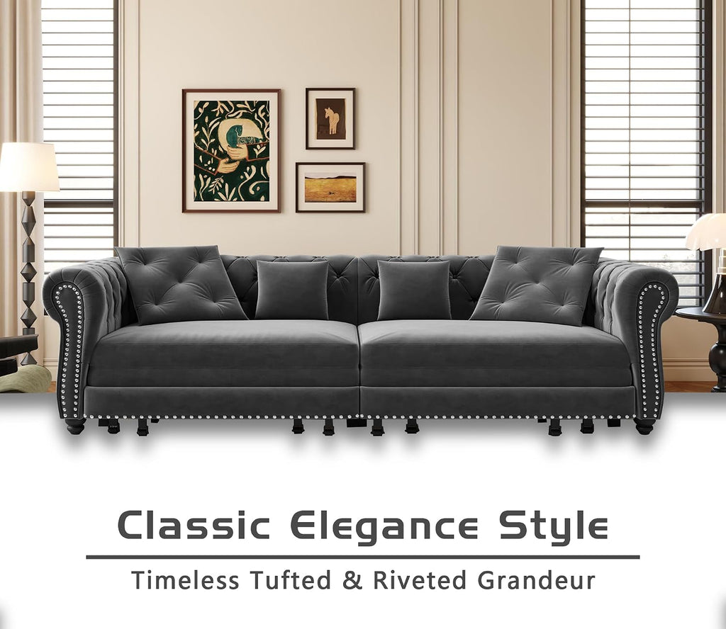 89' King Pull Out Sofa Bed, Velvet Chesterfield Sleeper Sofa Couch, 3 in 1 Convertible Tufted Futon Couches with Ottoman for Living Room, Small Space, Apartment, Office, Bedroom, Gray