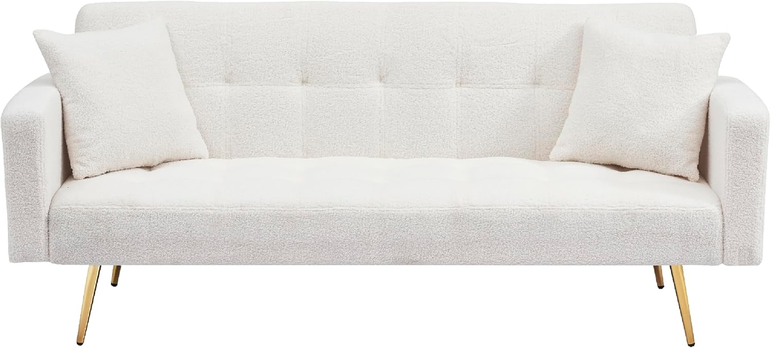 KEIKI 72' Folding Futon Sofa Couch w/Adjustable Backrest, Mid Century Modern Loveseat Convertible to Sleeper Bed, Small Comfy Teddy Cloud Couch SofaBed for Living Room & Bedroom, 2 Pillows, Beige