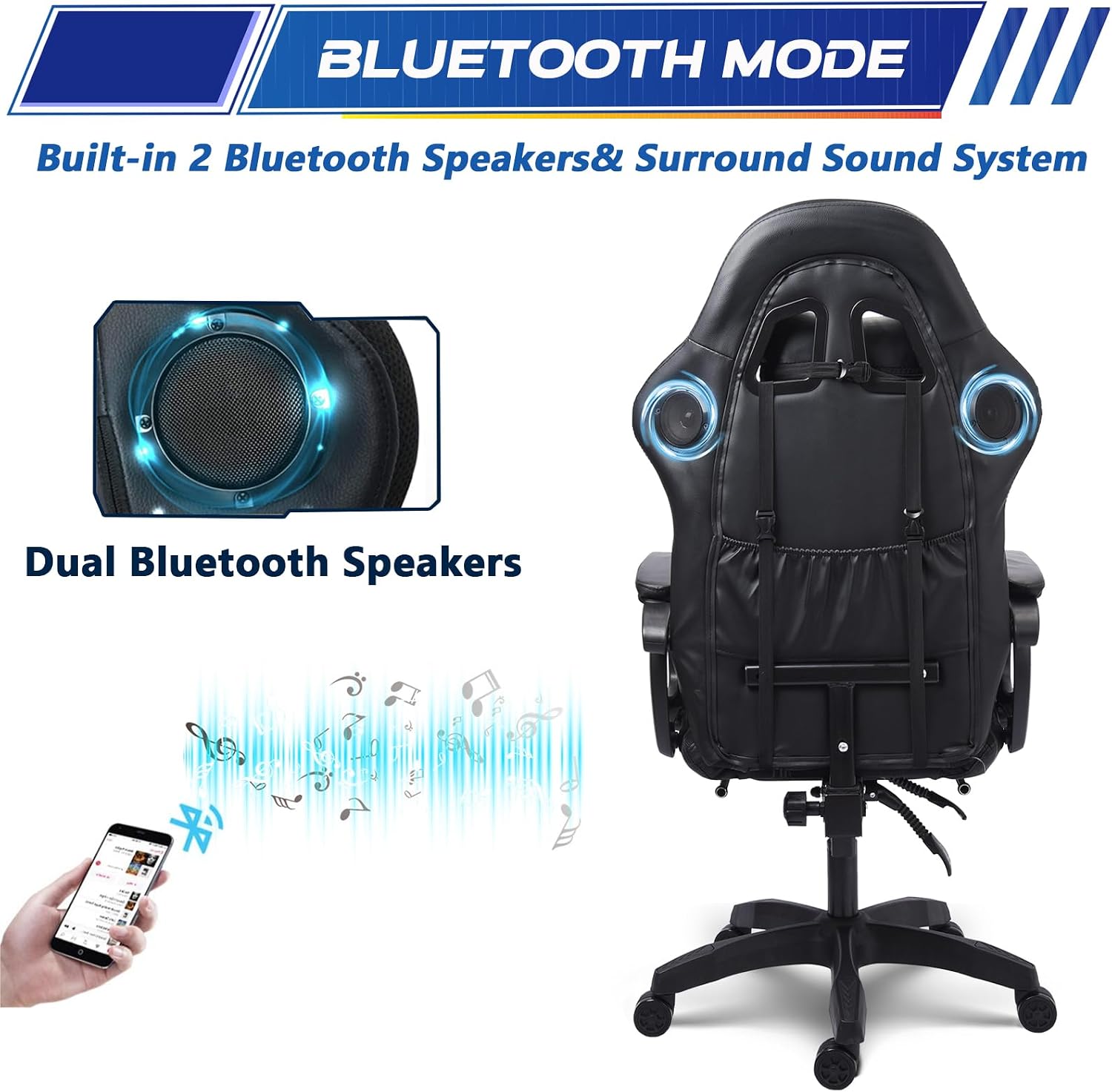 Ergonomic Gaming Chair Computer Chair with RGB LED Lights and Speakers, Office Chair PU Leather Massage Swivel Recliner Chair with Footrest Lumbar Support Headrest Armrest,Black