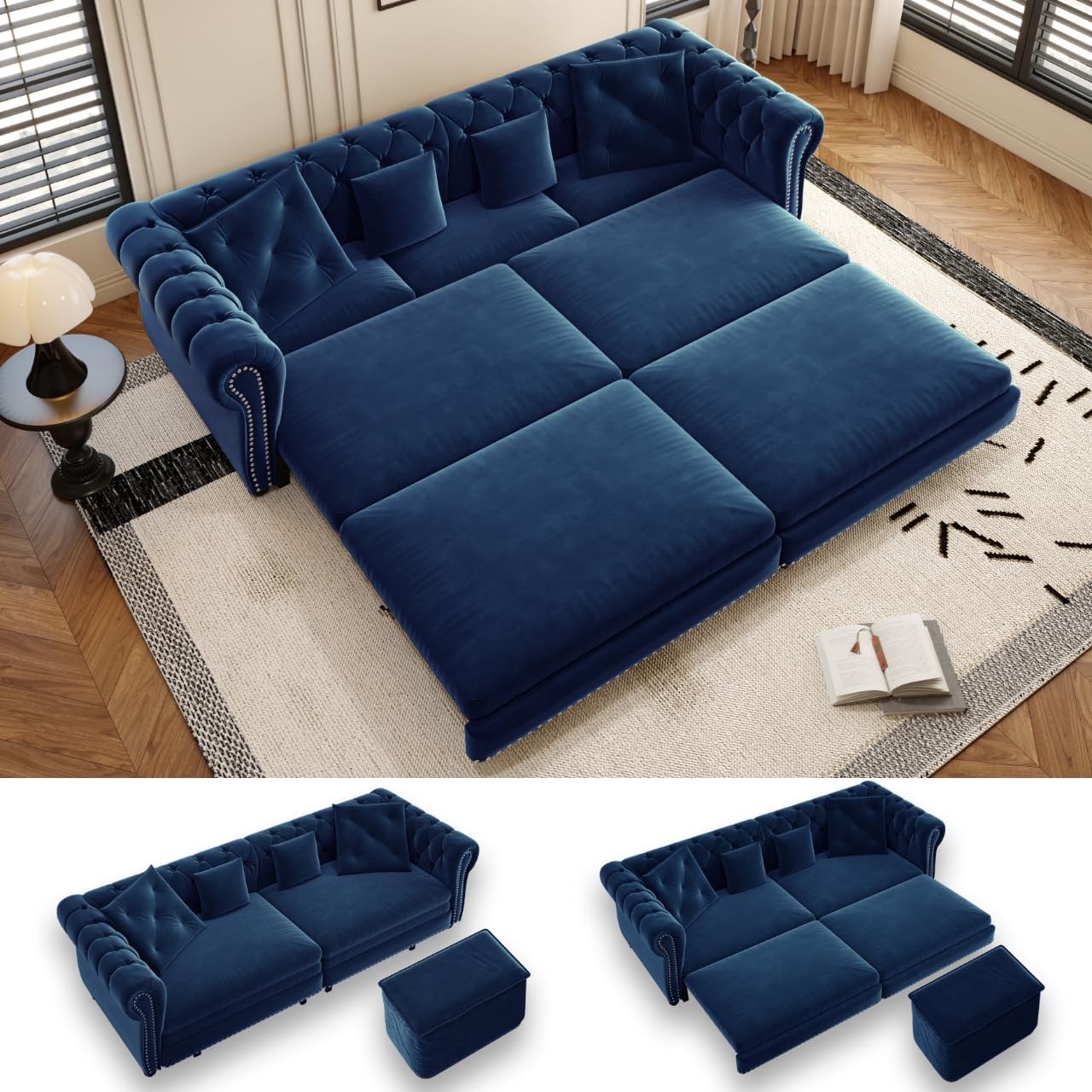 89' King Pull Out Sofa Bed, Velvet Chesterfield Sleeper Sofa Couch, 3 in 1 Convertible Tufted Futon Couches with Ottoman for Living Room, Small Space, Apartment, Office, Bedroom, Blue