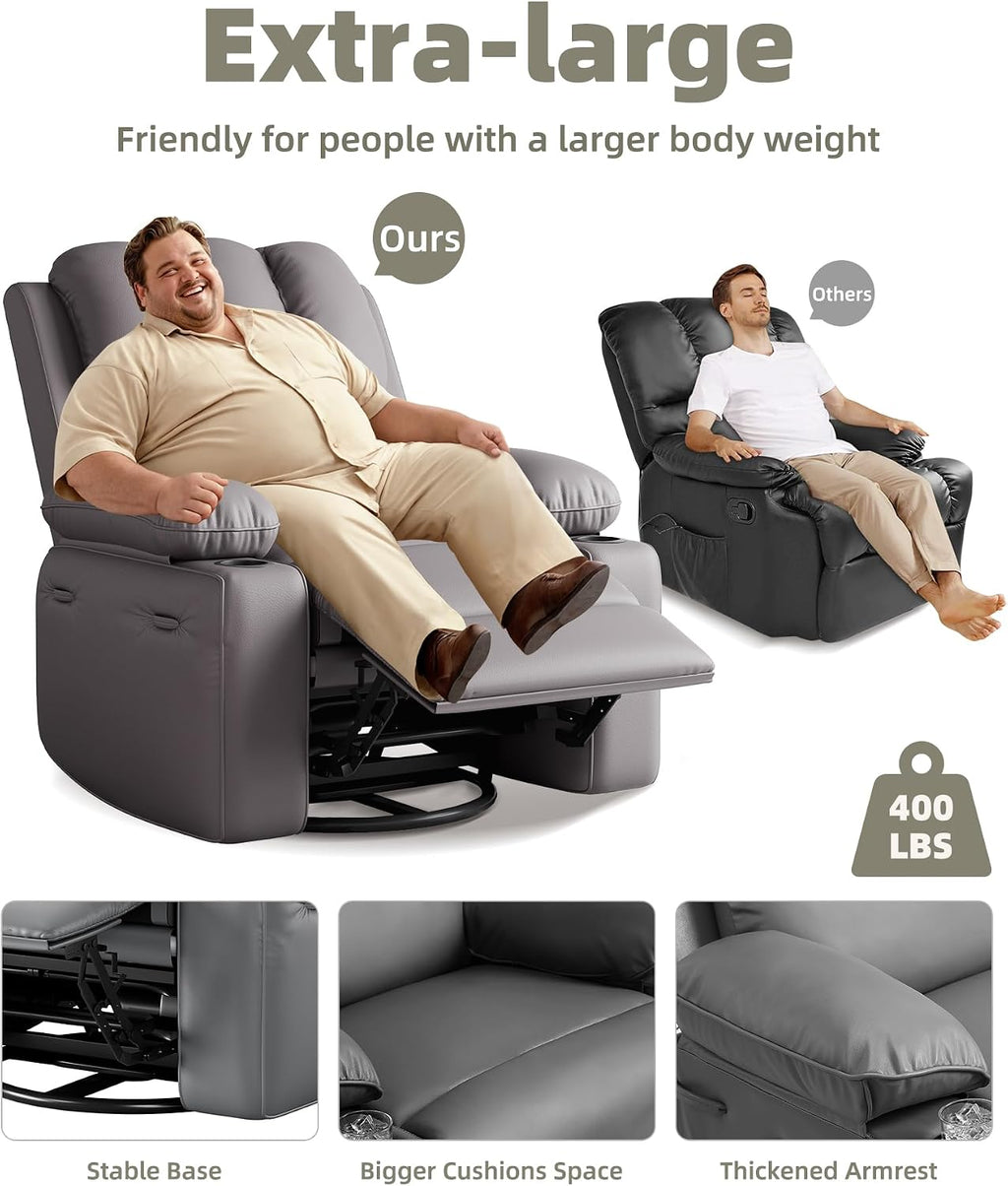 GarveeHome Oversized Recliner Chairs with 1.5X Sponge Filling, 360° Swivel Lazy Recliner Chair for Adults, Manual Rocking Chair with Cup Holder for Living Rooms, Bedrooms, and Nurseries