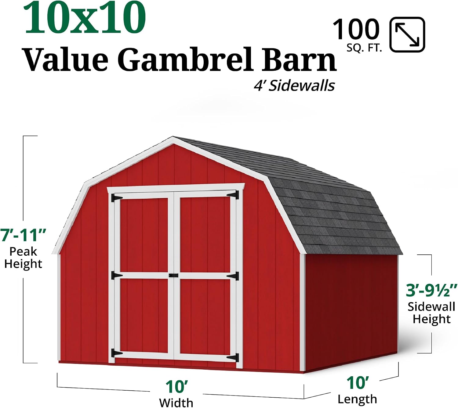 Little Cottage Co. 10x10 Value Gambrel Barn with 4 ft. Sidewalls with Floor, Outdoor Wood Storage Shed Do-It-Yourself Precut Kit