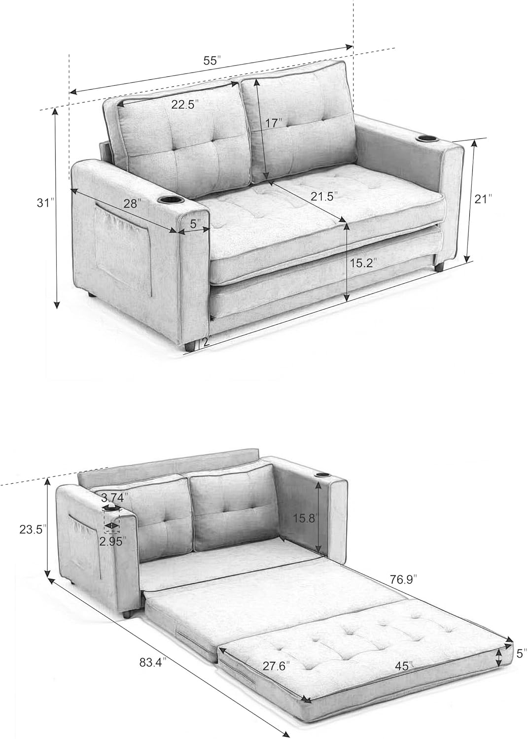 Convertible Loveseat Sleeper with Pull Out Bed, Foldable Tufted Sofa Bed Couch W/Cup Holder and Side Pockets, Light Gray