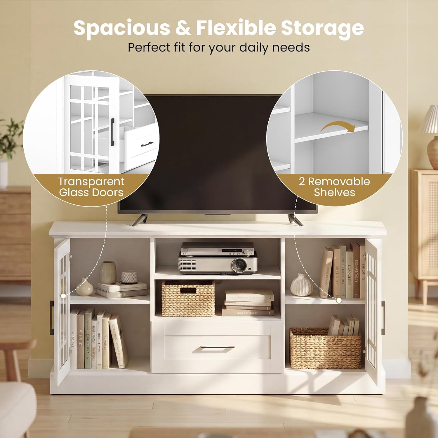 Giantex Farmhouse TV Stand for 65/70 Inch TV, Tall Entertainment Center with Storage Cabinets, Glass Doors, Drawer, Removable Shelves, Media TV Console Table for Living Room, Bedroom (White)