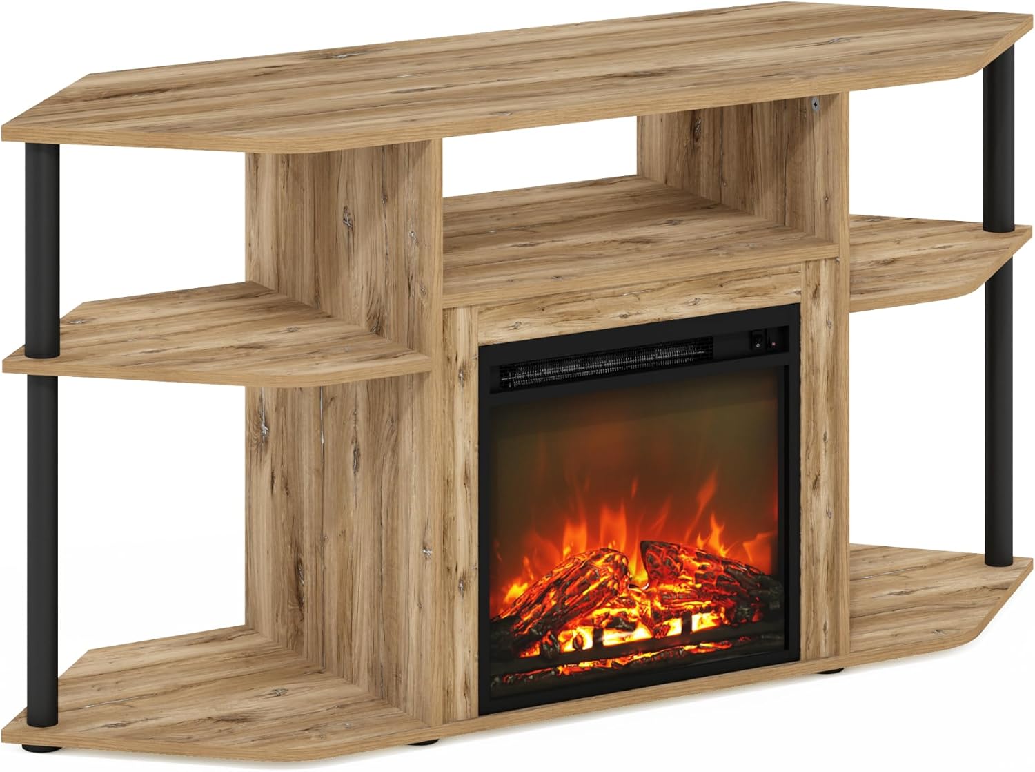 Furinno Jensen Fireplace TV Stand, Corner Entertainment Center, TV Console for TV up to 55 Inch with Fireplace, Plastic Poles and Open Storage, for Living Room, Bedroom, Flagstaff Oak