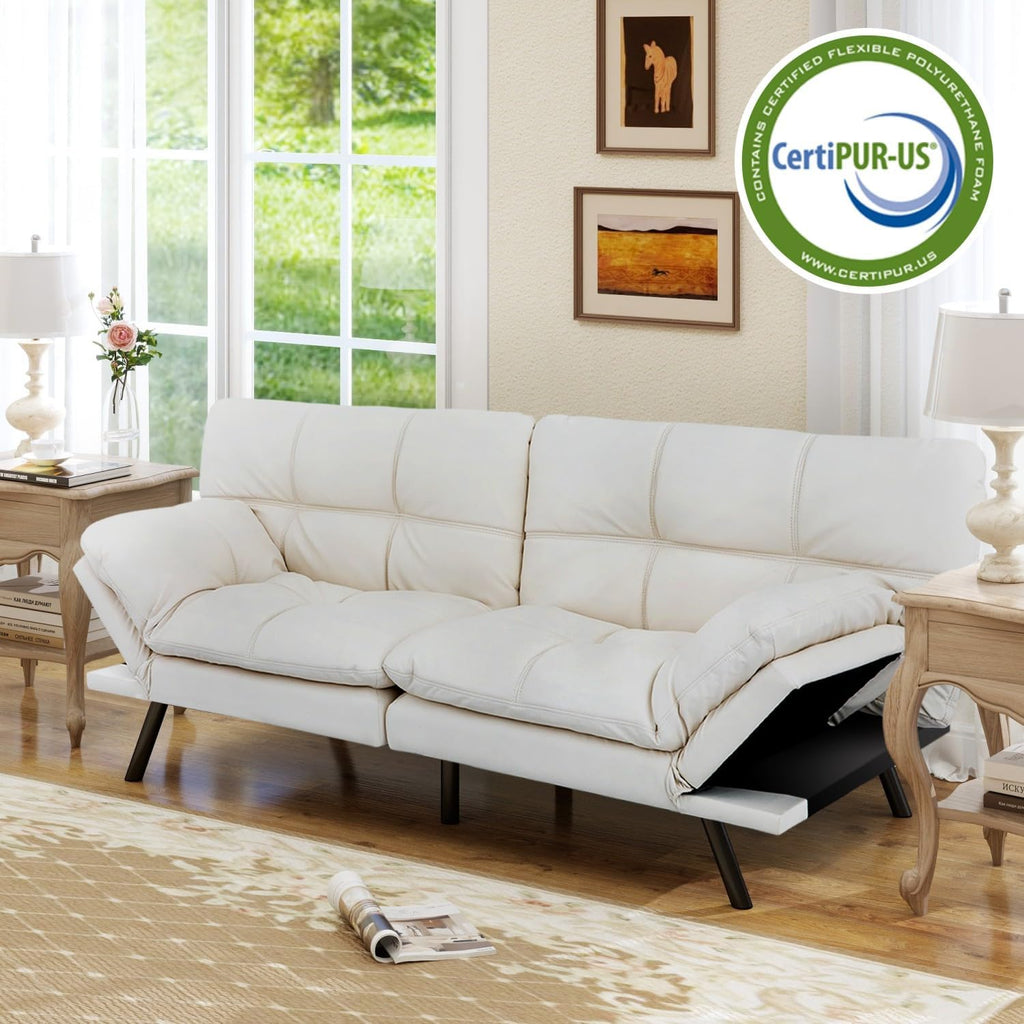 MUUEGM 71' Convertible Futon Sofa Bed, Upholstered Small Futon Couches with Adjustable Backrest, Loveseat Sleeper Bed for Compact Living Room Studio Office (White)