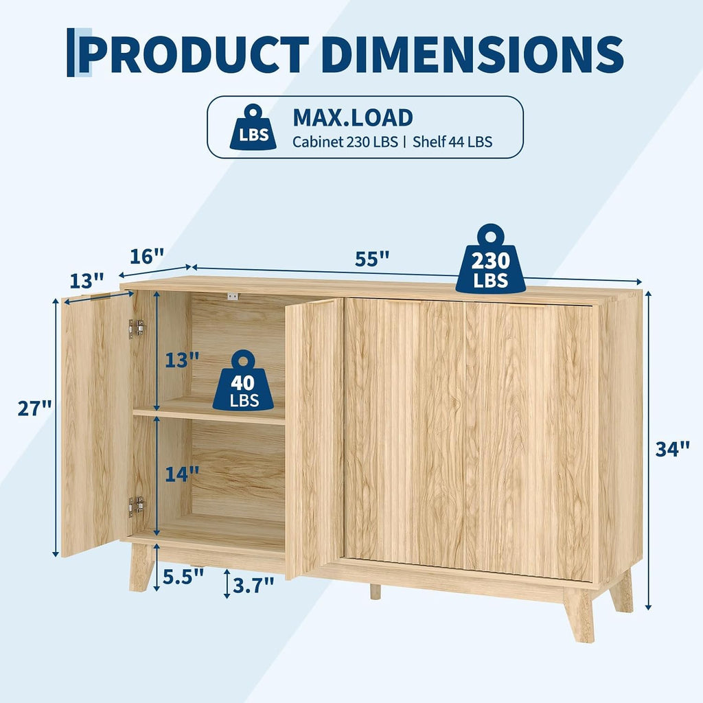 GarveeLife Modern Fluted TV Stand, 55' Buffet Cabinet with 4 Doors, Entertainment Center with Large Storage Cabinets w/Adjustable Shelf for Bedroom, Kitchen, Coffee Bar, Living Room, Entryway, Hallway