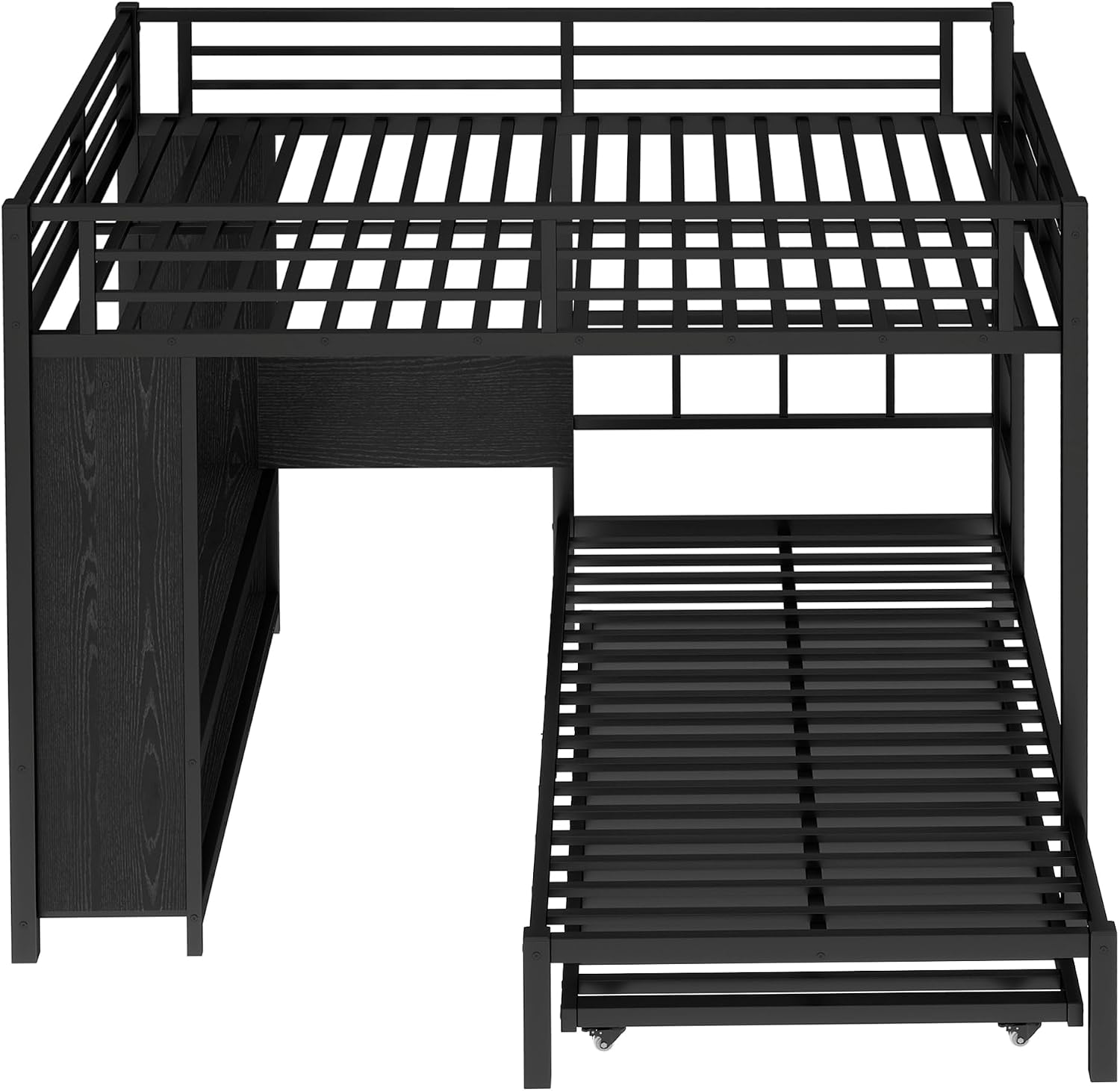 Bellemave Queen Over Twin XL bunk Bed with Foldable Desk and Wardrobe and Twin Trundle, loft Bed with Desk and Desk, Metal Bunk Beds with Storage, Black
