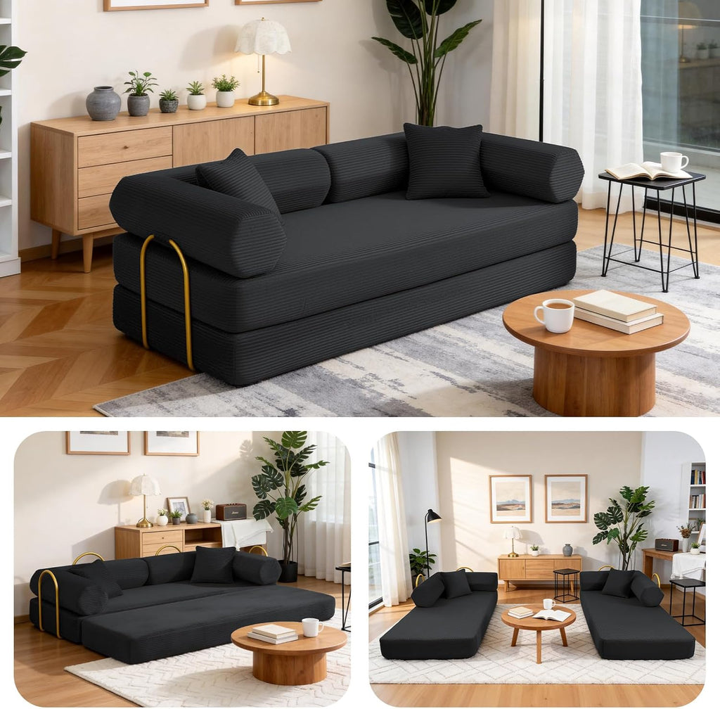 79' Corduroy Sofa Bed, Boneless Couch in a Box with 2 Pillows, High-Density Foam 4-in-1 Foldable Sleeper Futon Loveseat for Small Spaces, No Assembly, Side Pockets, Hex Arm Black