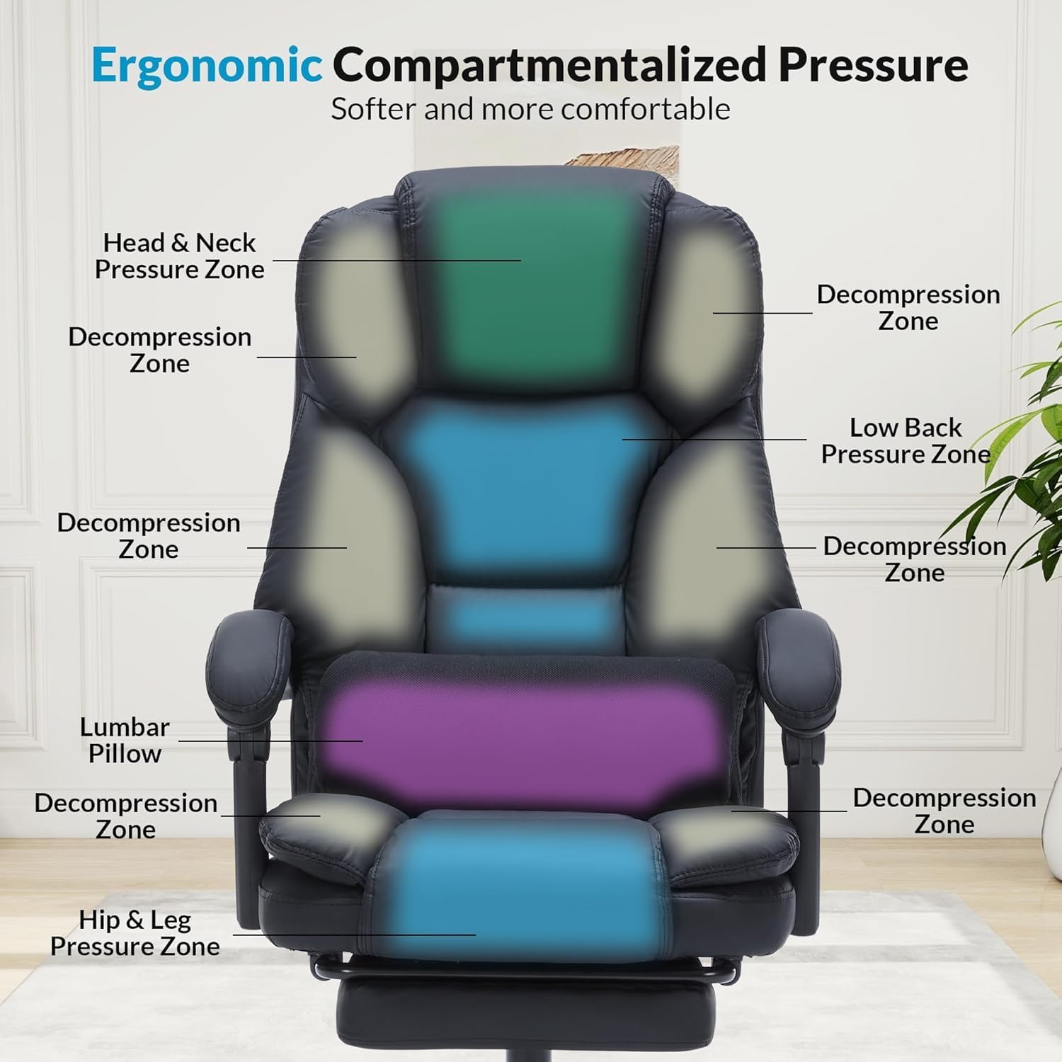 Ergonomic Executive Office Chair with Footrest & Lumbar Support - Heavy-Duty Reclining Computer Chair, 400lbs Capacity, PU Leather Swivel Desk Chair for Home Office (Black)