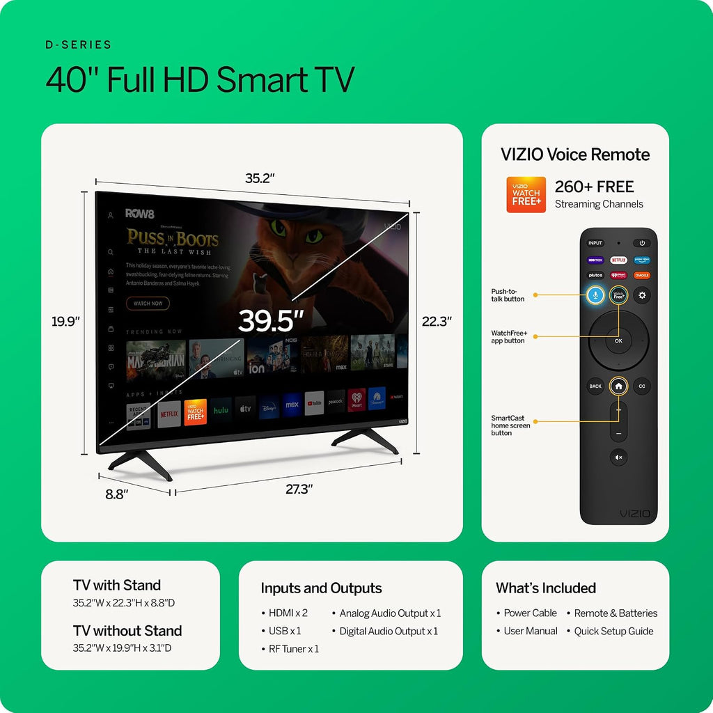 VIZIO 40-in D-Series Full HD 1080p Smart TV with Apple AirPlay and Chromecast Built-in, Alexa Compatibility, D40fM-K09, 2023 Model
