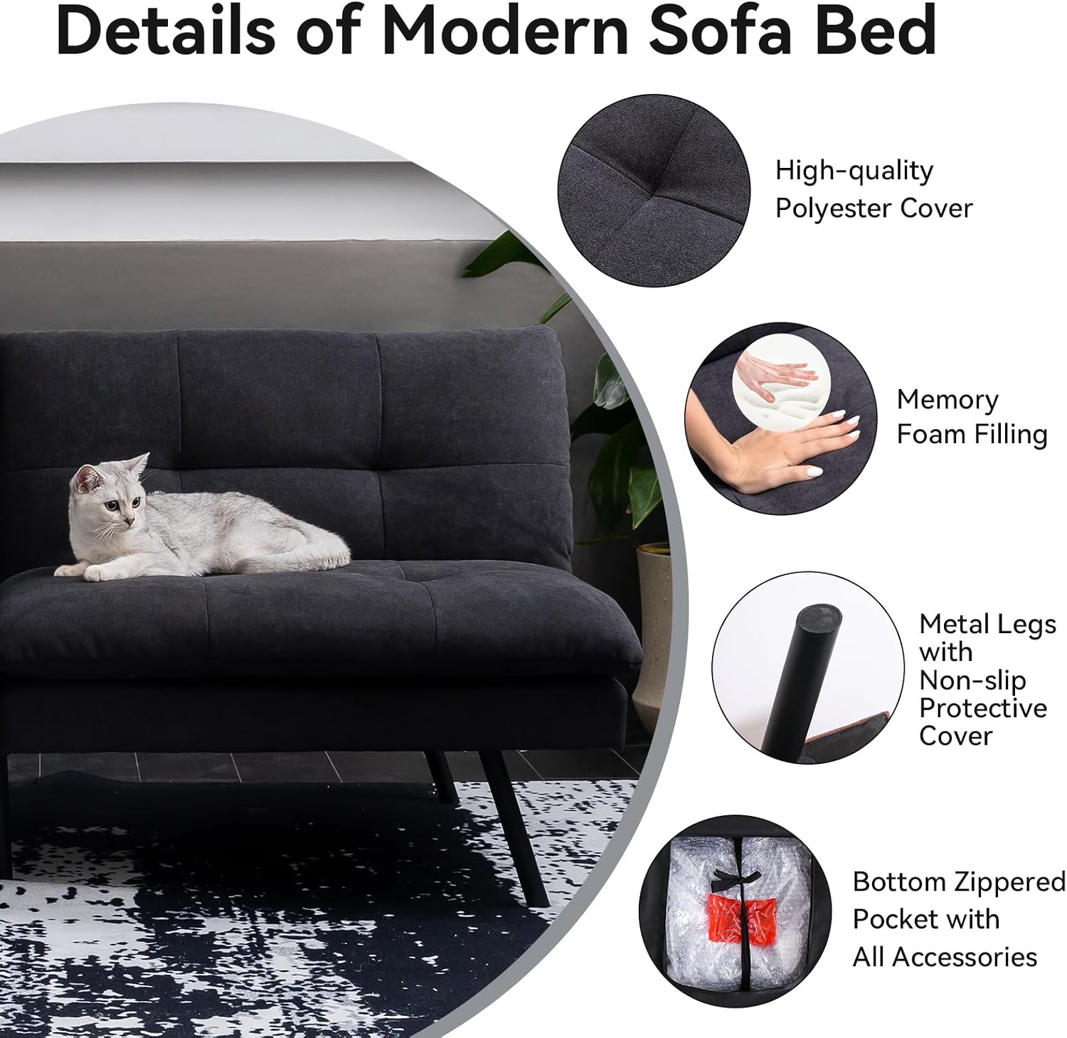 Hcore Polyester Memory Foam Convertible Futon Sofa Bed, Small Splitback Loveseat, 68' L x 32.3' W x 30.7' H, Black