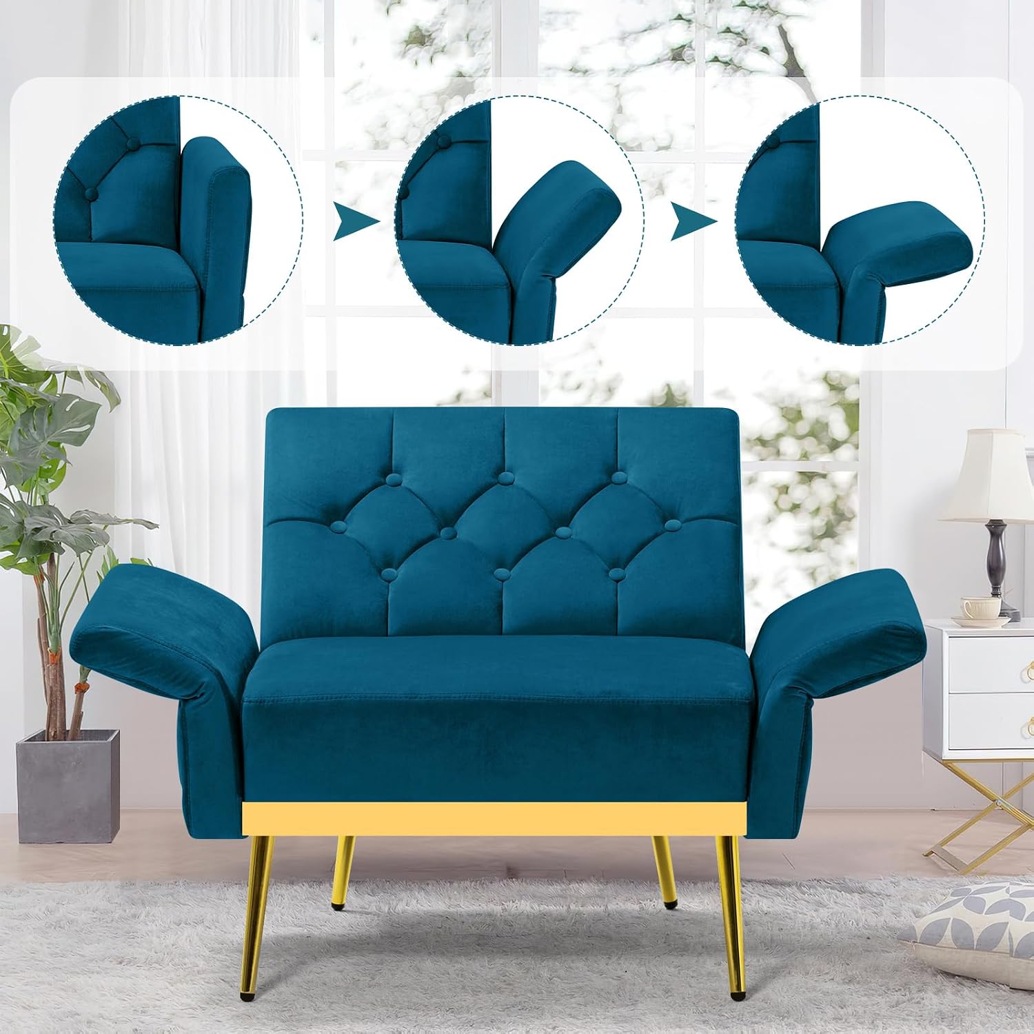 2 Pieces Velvet Sofa Set w/Adjustable Armrests and Backrests, Tufted Accent Chair w/Ottoman, Convertible Futon Sofa Bed for Bedroom, Living Room, Apartment, Teal