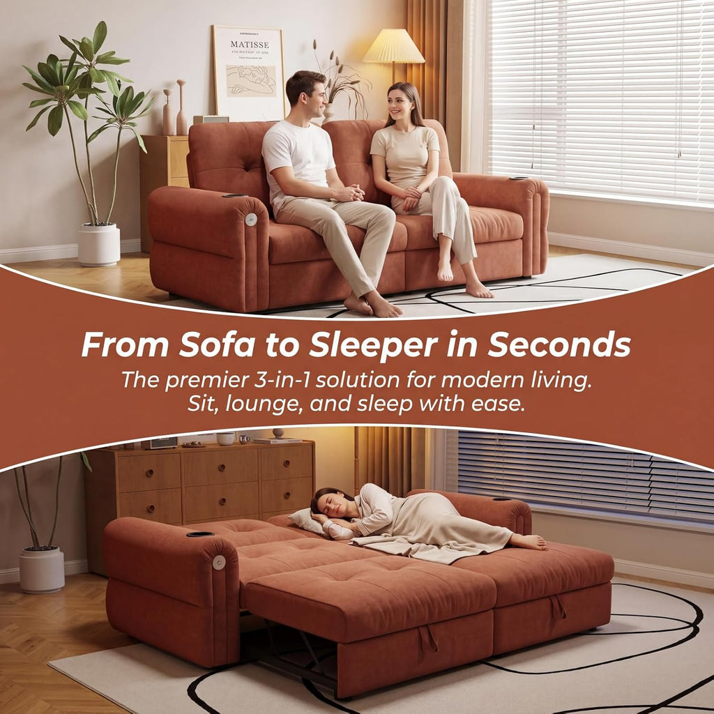 Convertible Couches, Queen Size Pull Out Sofa Bed with USB Charging Port and Cup Holders, Chenille Fabric Convertible Sofa Bed for Small Space, Living Room, Apartment, Guest Room, Orange