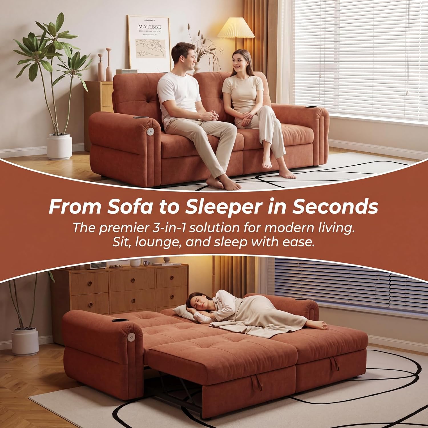 Convertible Couches, Queen Size Pull Out Sofa Bed with USB Charging Port and Cup Holders, Chenille Fabric Convertible Sofa Bed for Small Space, Living Room, Apartment, Guest Room, Orange