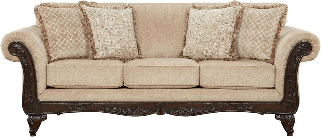 Hernen Carved Wood Frame Sofa, Beige Wheat