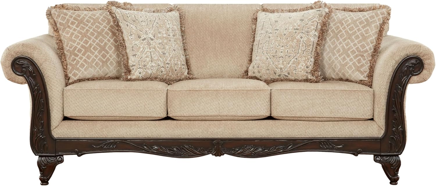 Hernen Carved Wood Frame Sofa, Beige Wheat