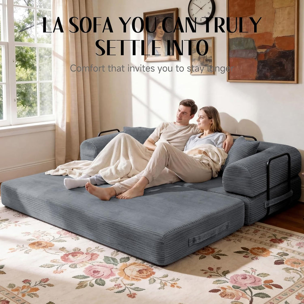 79'' Convertible Sofa Bed, Boneless Couch-in-a-Box, Corduroy Floor Futon Loveseat Sleeper, 26'' Deep Seat, Removable Machine-Wash Covers, No Assembly, 2 Pillows, Dark Grey