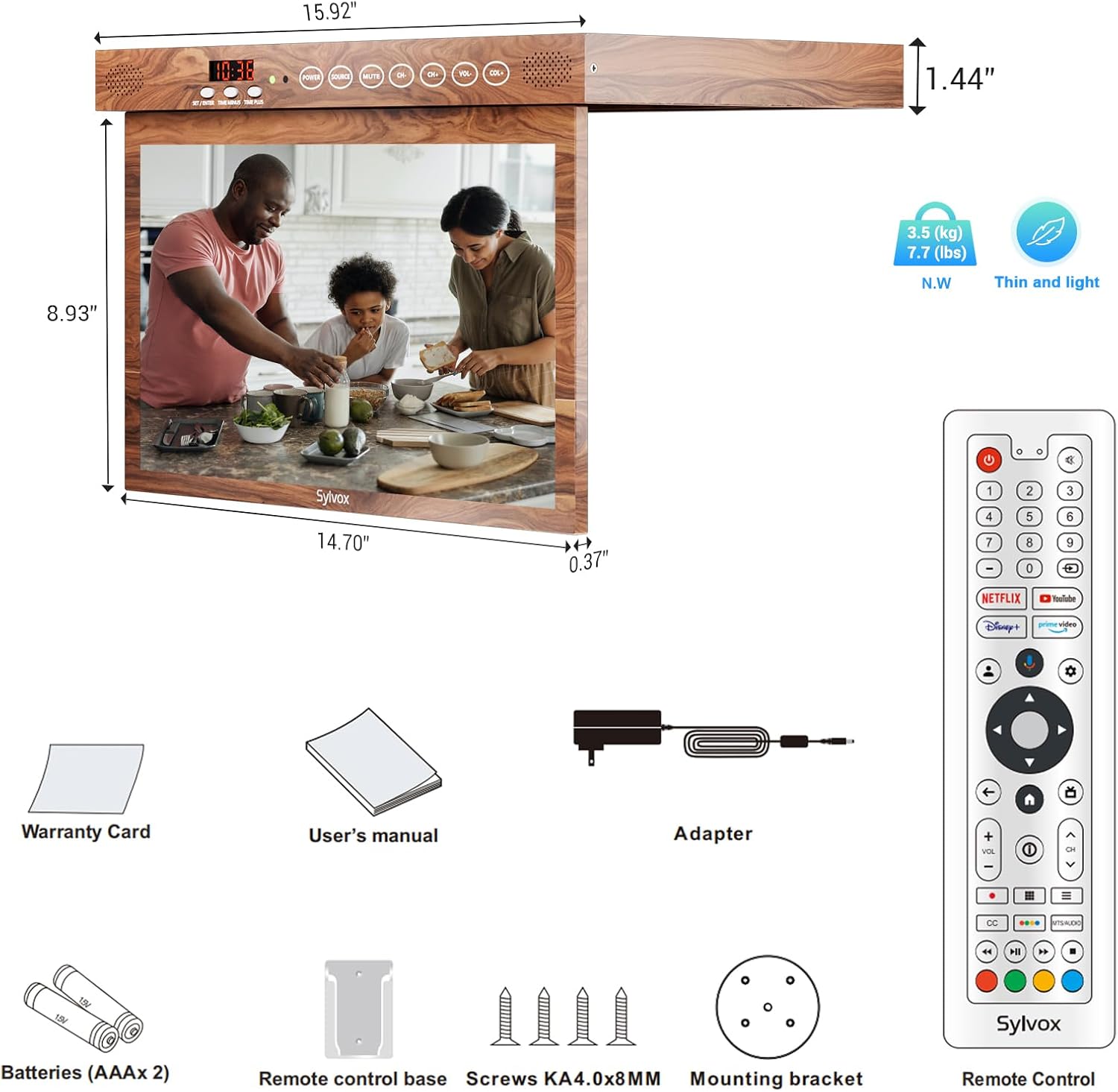 SYLVOX 15.6 inch Smart TV for Kitchen, 1080P Under Cabinet TV, 12V Smart Android Rotated & Folded, Support Google Assistant WiFi Bluetooth, Small Television for Kitchen, Bedroom, RV Camper, Mahogany