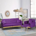 2 Pieces Velvet Sofa Set with Adjustable Armrest and Backrest, 70' Convertible Futon Sofa Bed & Mordern Accent Chair with Ottoman for Living Room, Bedroom, Purpel