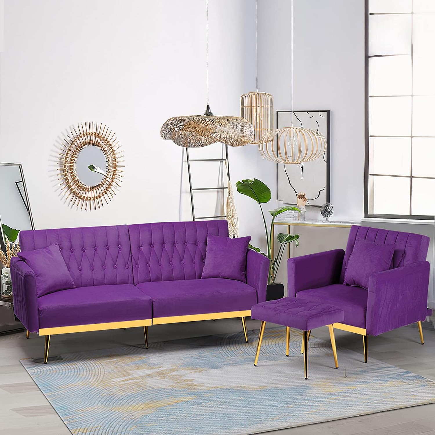 2 Pieces Velvet Sofa Set with Adjustable Armrest and Backrest, 70' Convertible Futon Sofa Bed & Mordern Accent Chair with Ottoman for Living Room, Bedroom, Purpel