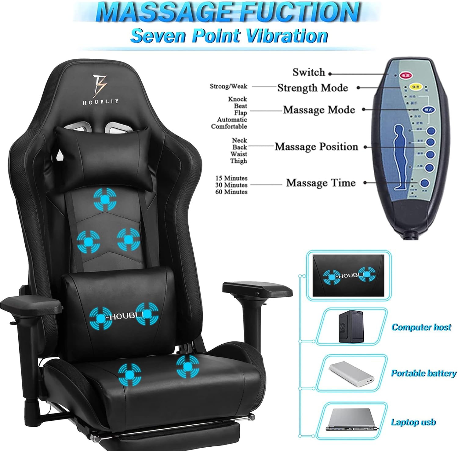 Massage Gaming Chair with Footrest, Computer Chair with Speakers and RGB Lights Height Adjustable Gamer Chair with 4D Armrests Headrest and Lumbar Support Office Chairs for Gaming,Black