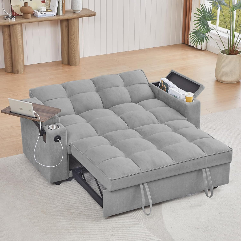 hansones 65'' 3-in-1 Folding Convertible Sofa Bed, Queen Size Pullout Sofa, Modern Chenille Fabric, 360° Swivel Side Table, Easy Assembly, Perfect for Living Room