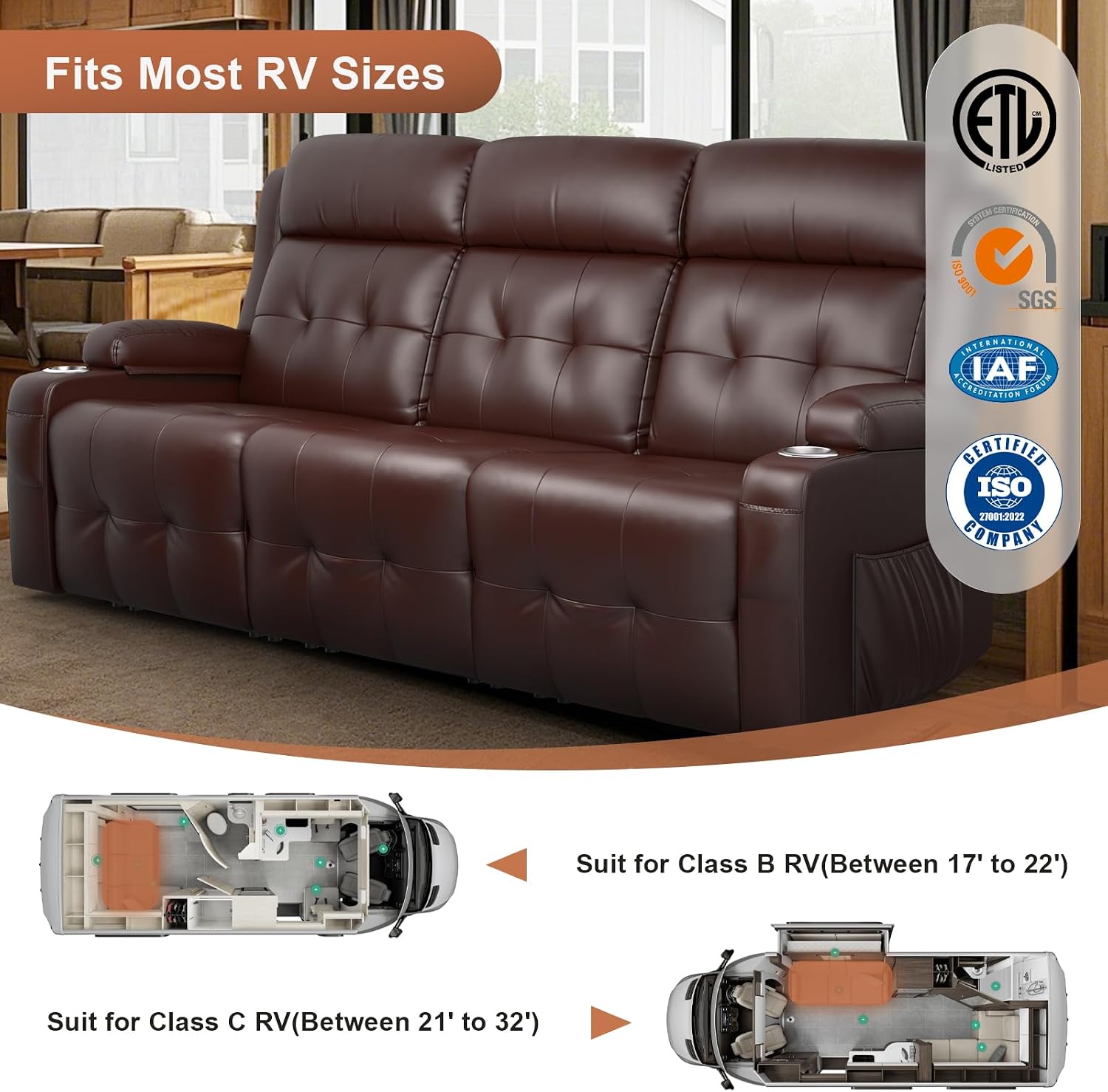 RV Loveseat Recliner Sofa, 3 Seater Massage Wall Hugger Reclining Couch with Insert Pockets, Cup Holders, 150° Recline Sleeper Sofas, for RV Furniture & Home Theater Seating
