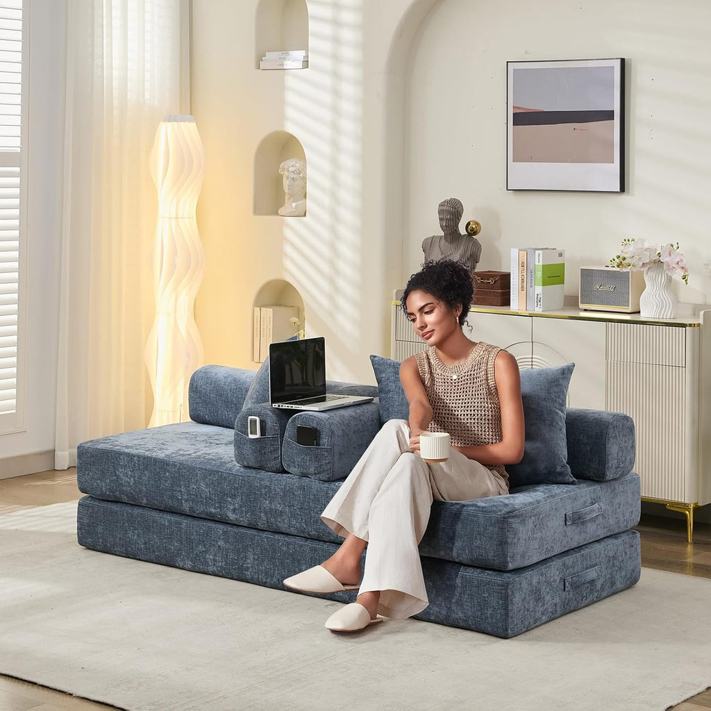 Futon Sofa Bed, Modular Convertible Folding 3 Seater Chenille Foam Floor Loveseat Sleeper Sofa Couch with 3 Pillows, No Assembly Compressed Boneless Couch, for Living Room Bedroom Guest Room, Blue
