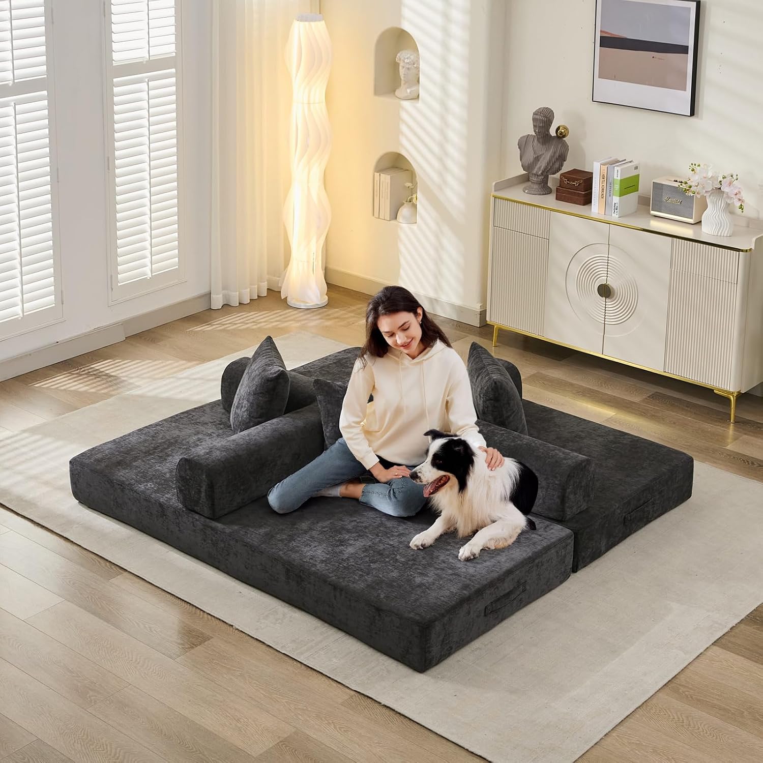 Futon Sofa Bed, Modular Convertible Folding 3 Seater Chenille Foam Floor Loveseat Sleeper Sofa Couch with 3 Pillows, No Assembly Compressed Boneless Couch, for Living Room Bedroom Guest Room, Black