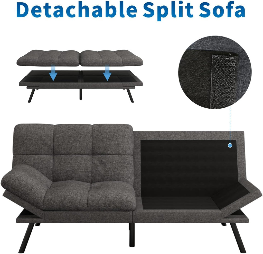 MUUEGM Futon Sofa Bed, 71' Convertible Linen Memory Foam Couch Bed, Modern Backrests Armrests Love Seat for Living Room,Apartment,Office,Charcoal Grey Sleeper Couch