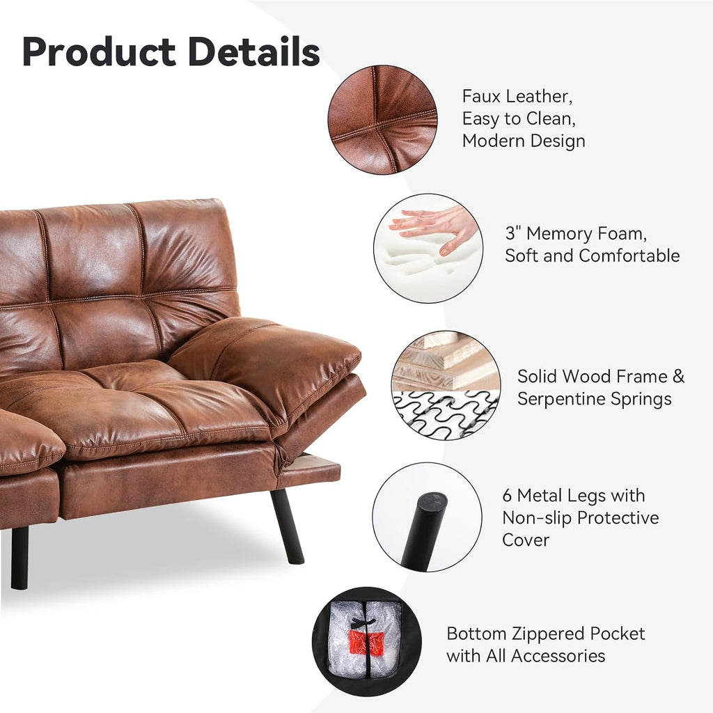 71' Convertible Futon Sofa Bed,Brown Faux Leather Futon Couch,Memory Foam Reclining Sleeper Sofa Bed,Modern Folding Small Loveseat Couches for Living Room,Office,Apartment