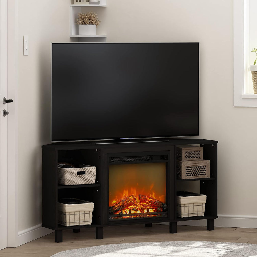 Furinno Jensen Corner Fireplace TV Stand with 4 Open Compartments for TV up to 55 Inches, Americano
