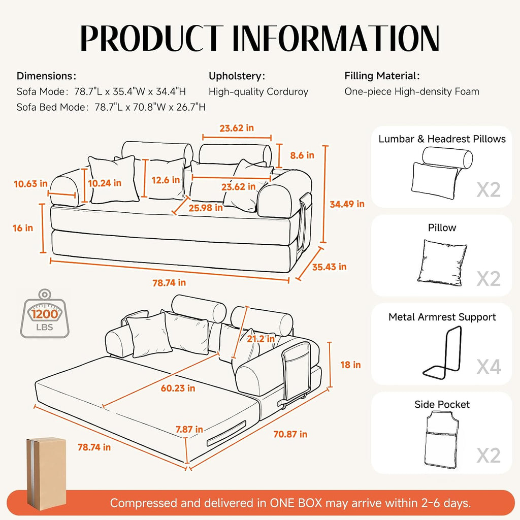 79' Corduroy Sofa Bed Sleeper Couch, 6-in-1 Convertible Boneless Floor Futon Loveseat, High-Density Foam Couch in a Box with 2 Headrest Pillows, No Assembly, Black