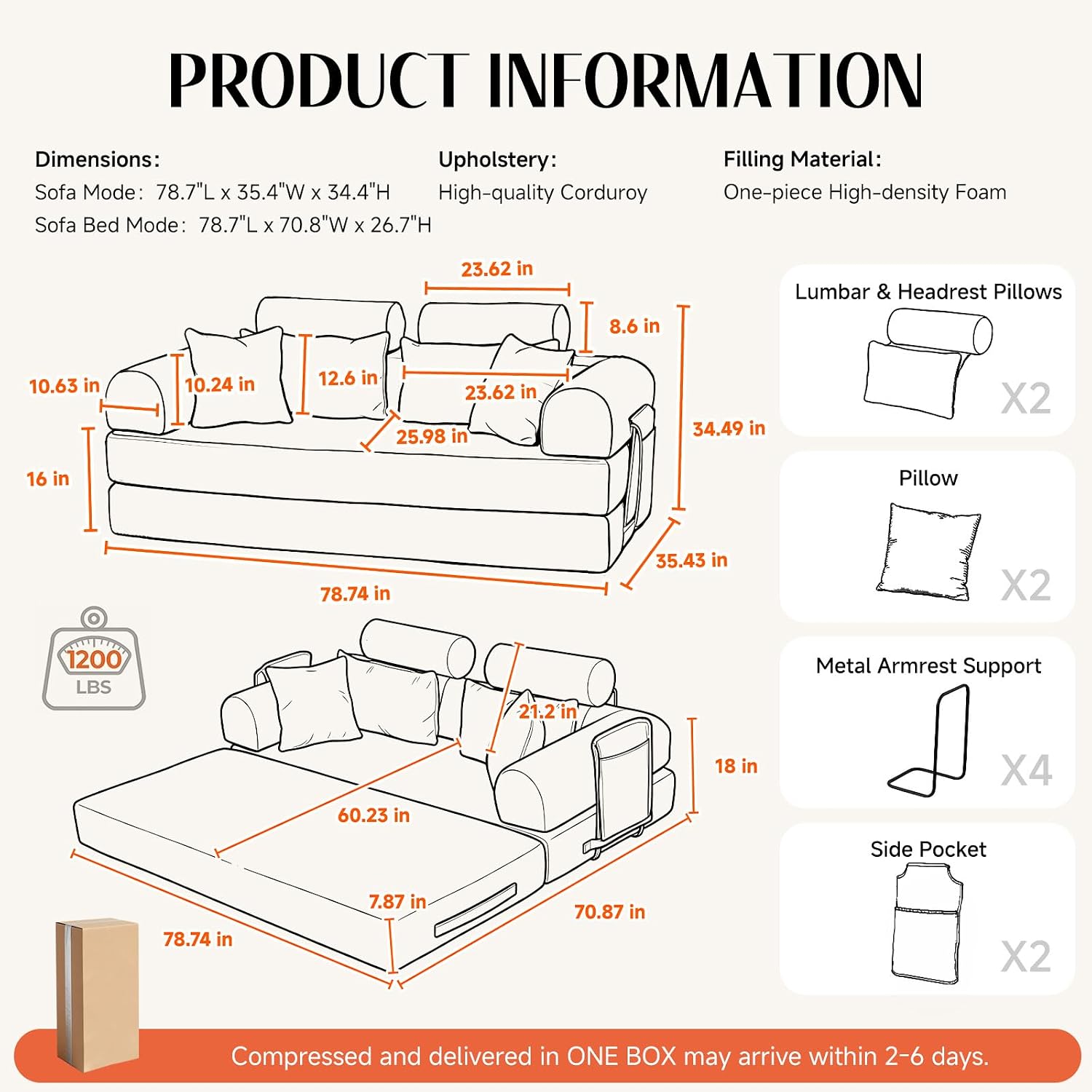 79' Corduroy Sofa Bed Sleeper Couch, 6-in-1 Convertible Boneless Floor Futon Loveseat, High-Density Foam Couch in a Box with 2 Headrest Pillows, No Assembly, Black
