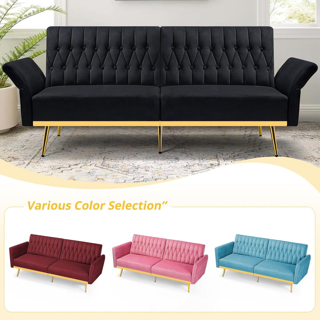 2 Pieces Velvet Sofa Set with Adjustable Armrest and Backrest, 70' Convertible Futon Sofa Bed & Mordern Accent Chair with Ottoman for Living Room, Bedroom, Black