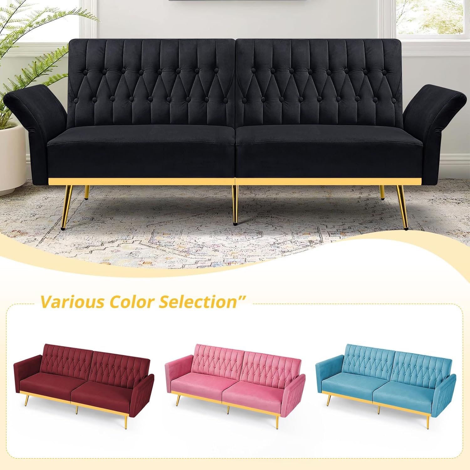 2 Pieces Velvet Sofa Set with Adjustable Armrest and Backrest, 70' Convertible Futon Sofa Bed & Mordern Accent Chair with Ottoman for Living Room, Bedroom, Black