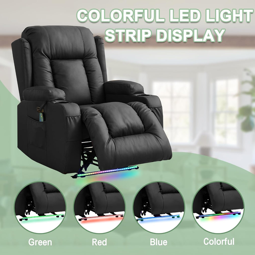 TUNYI Power Recliner Sofa with Massage & Heat Home Theater Seating with Console RV Recliner Sofa with USB/Storage/Side Pocket/LED Light (Black, 1PC)