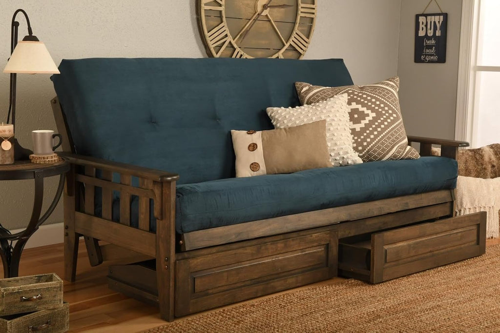 Tucson Rustic Walnut Frame and Mattress Set with Choice to add Drawers, 8 Inch Innerspring Futon Sofa Bed Full Size Wood (Blue Matt, Frame and Drawers)