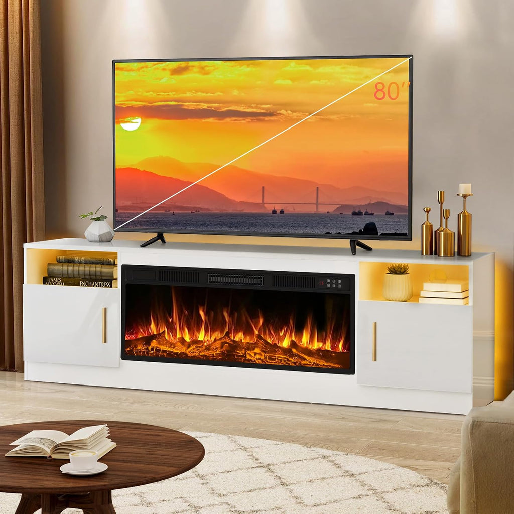 Lemberi Fireplace TV Stand with 36' Electric Fireplace, Fits TVs Up to 80', 70' LED Lit Entertainment Center, Modern High Gloss Wood with Spacious Storage Cabinet for Living Room, White
