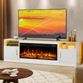 Lemberi Fireplace TV Stand with 36' Electric Fireplace, Fits TVs Up to 80', 70' LED Lit Entertainment Center, Modern High Gloss Wood with Spacious Storage Cabinet for Living Room, White